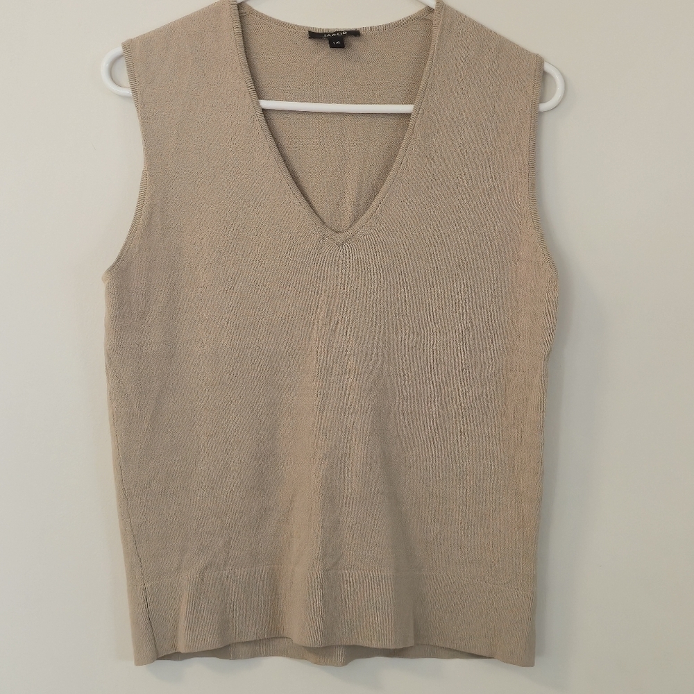 JACOB L Beige V-Neck Sleeveless Tank Minimalist Layering Essential Knit Vest Top - Picture 2 of 11